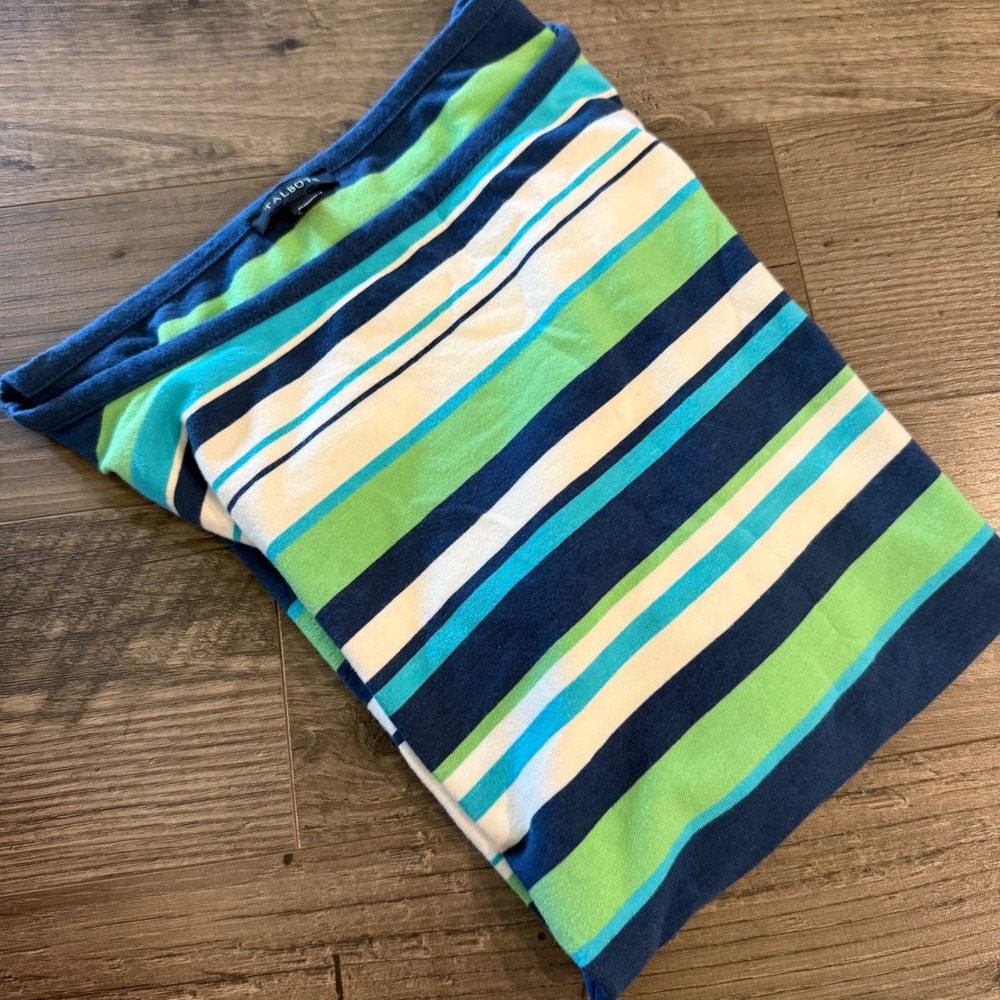 Talbots Womens Medium Blue Green Striped Short Sleeve Boat Neck Button Tab Tee